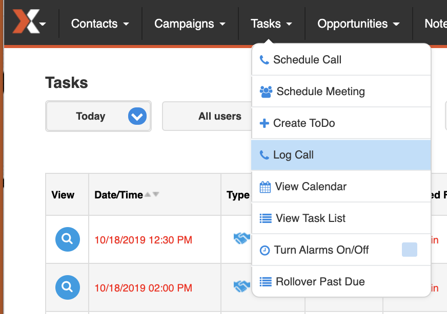 Image of how to navigate to tasks in menu of sales nexus platform.