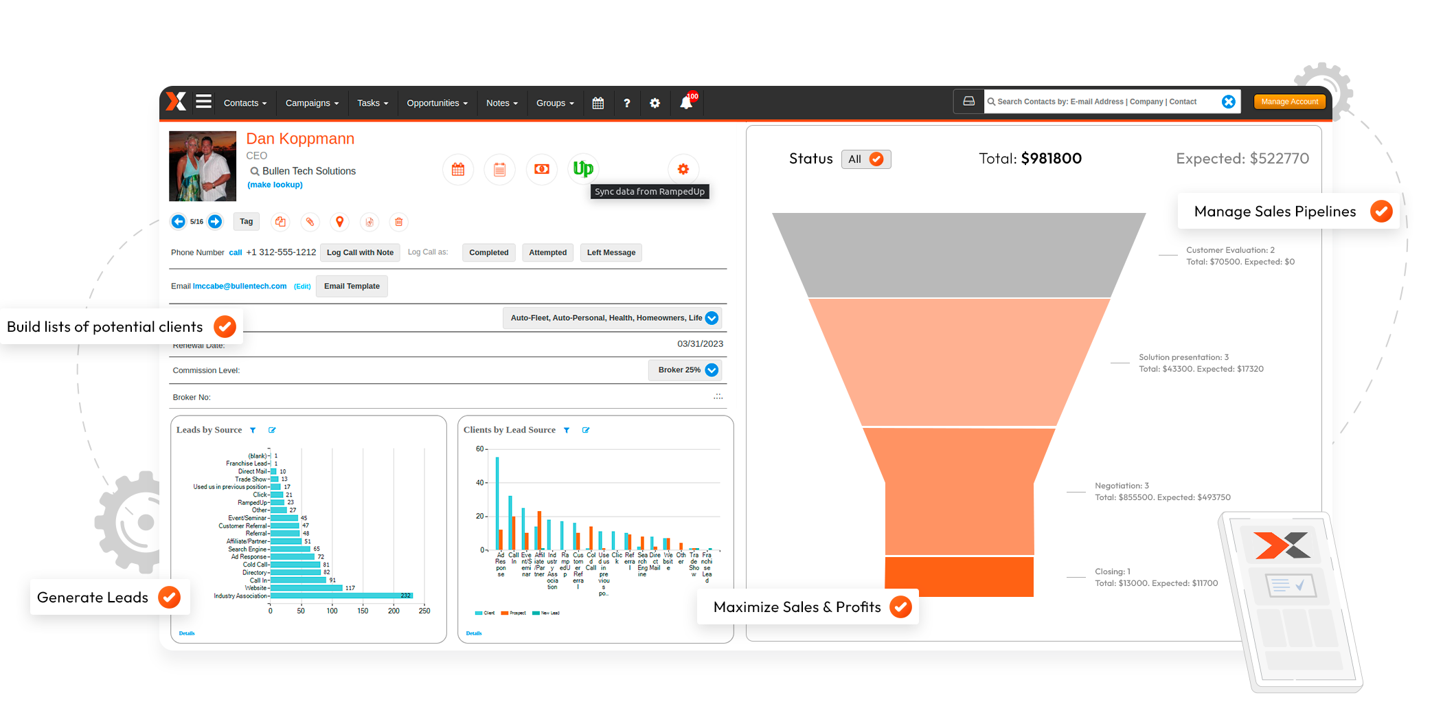 Sales Nexus CRM dashboard preview. Status, Customer, Client lists, lead generation areas.