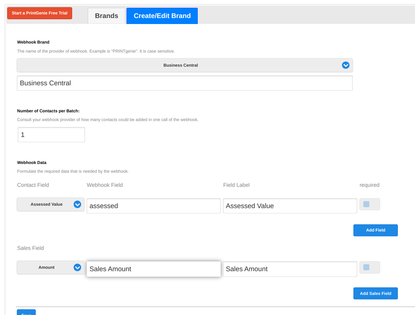 Use sales fields when creating webhooks