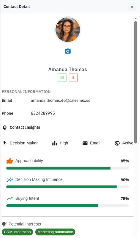 Detailed contact profile with AI insights in Nexi CRM with AI.