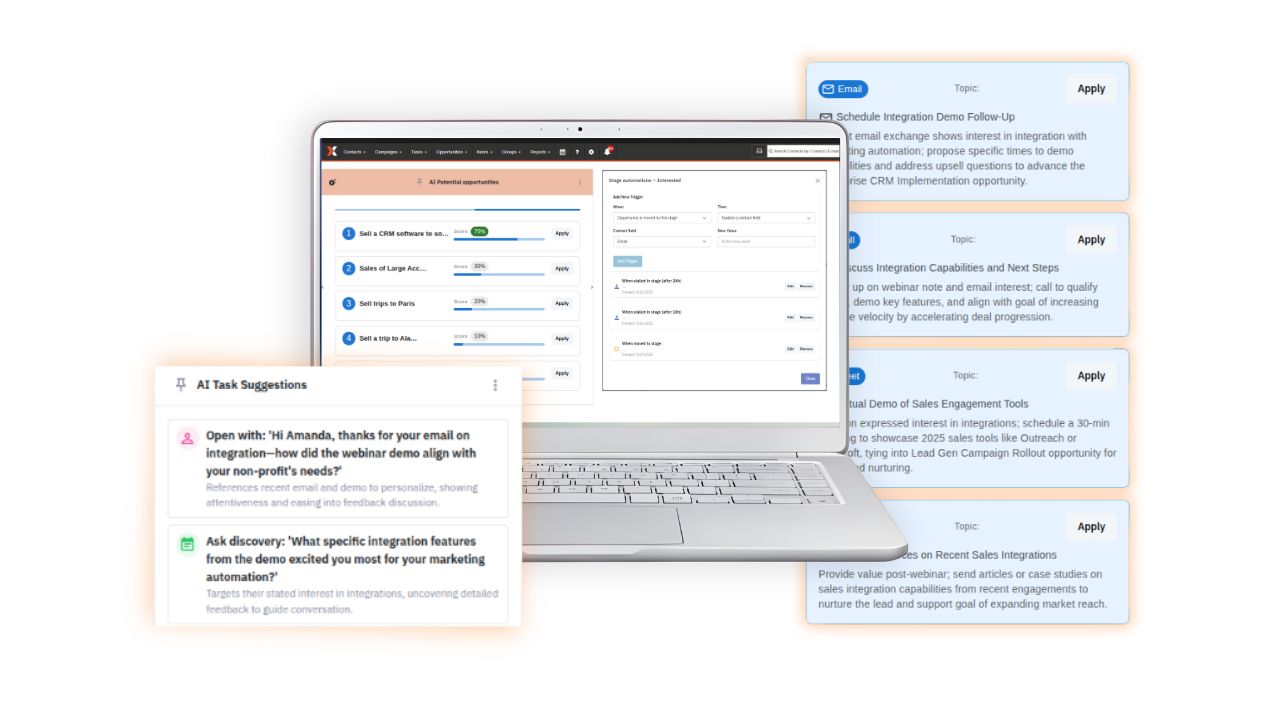 Marketing automation analytics dashboard showing conversion tracking, opportunity stage analysis, and goal performance metrics in SalesNexus CRM