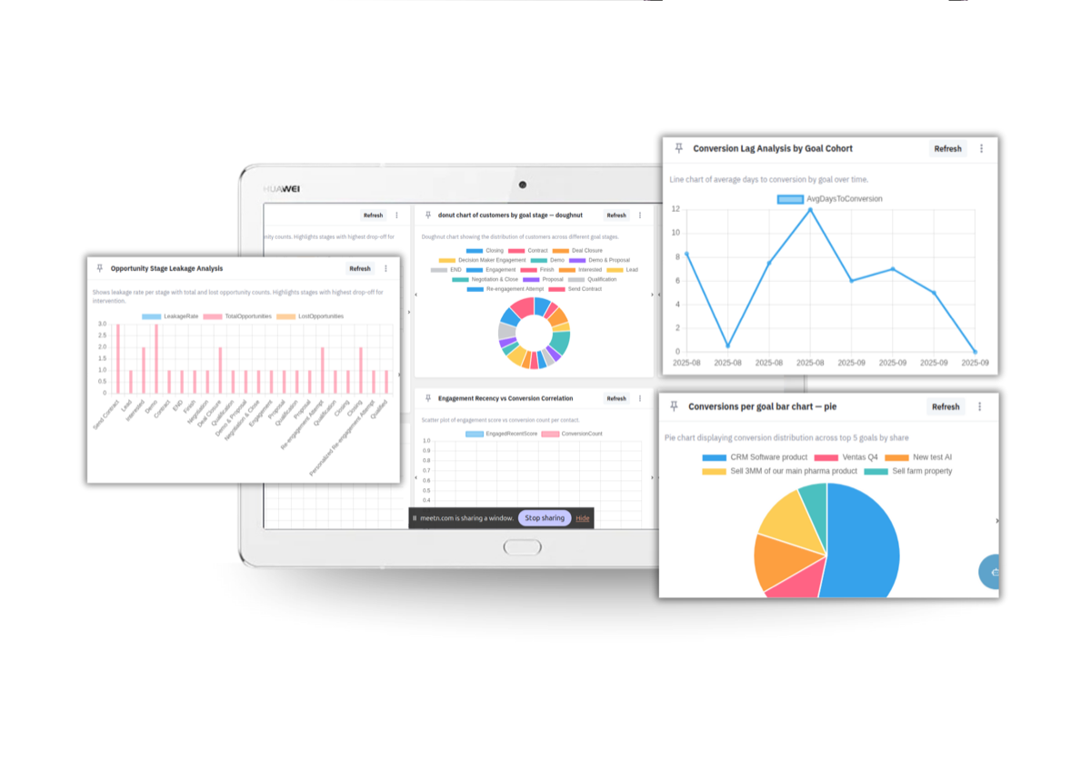 Marketing automation analytics dashboard showing conversion tracking, opportunity stage analysis, and goal performance metrics in SalesNexus CRM